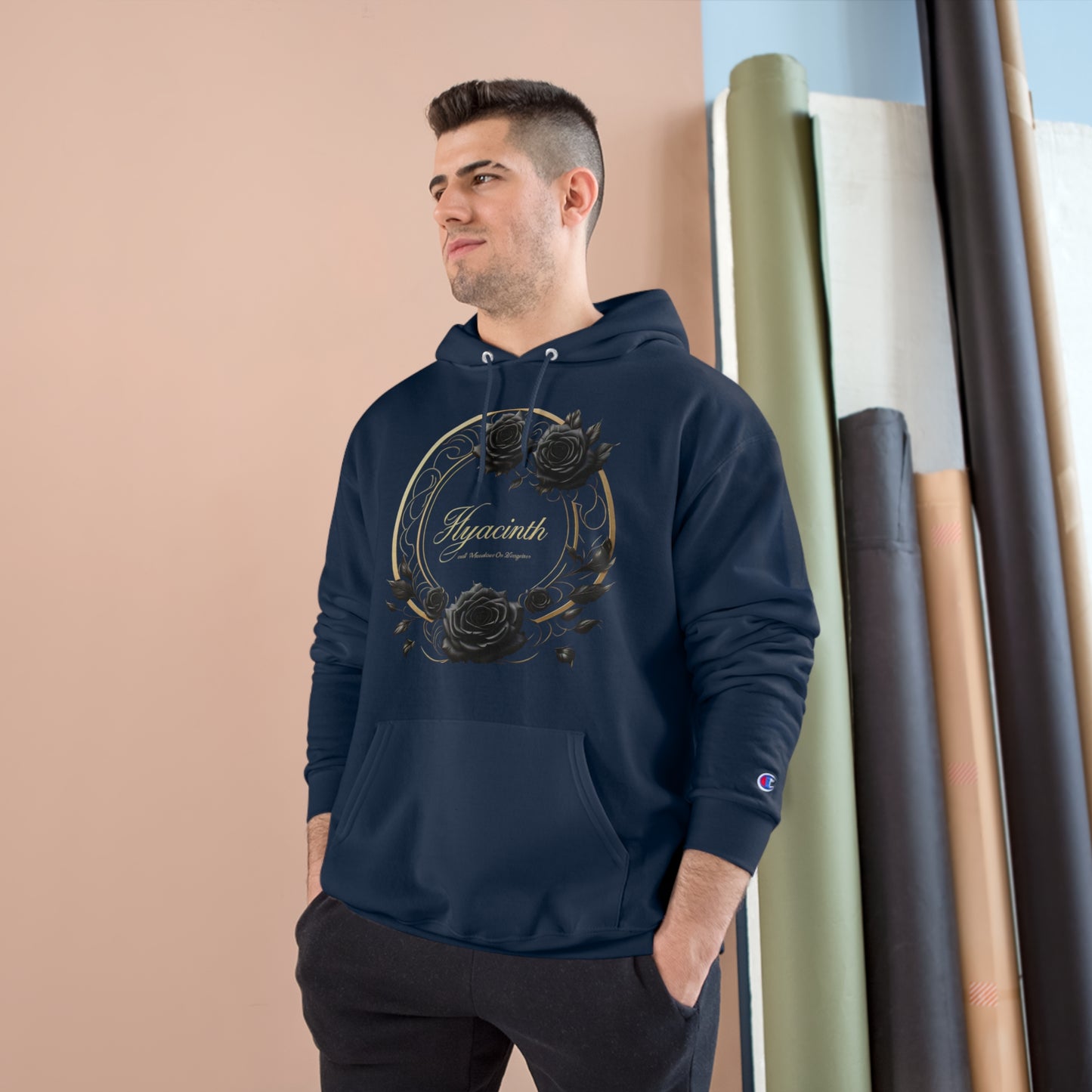 Champion Hoodie with Black Rose logo from Hyacinth Apparel