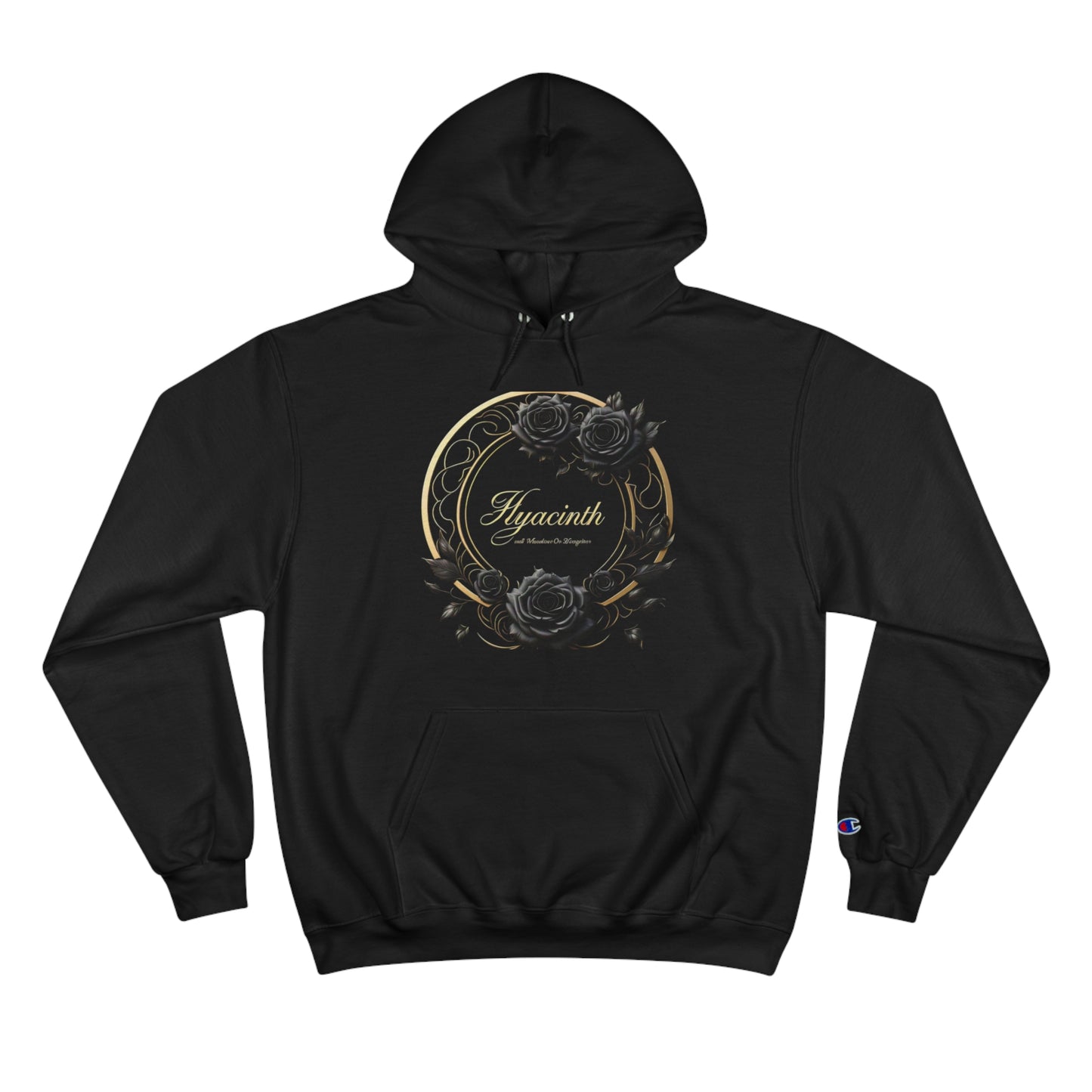 Champion Hoodie with Black Rose logo from Hyacinth Apparel