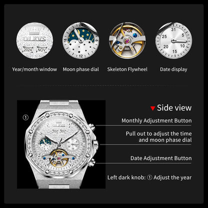 OLEVS 9805 Mens Watch Original Brand Tourbillon Automatic Mechanical Watch Diamond Dial Waterproof Moon Phase Watches For Men