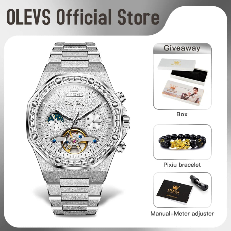 OLEVS 9805 Mens Watch Original Brand Tourbillon Automatic Mechanical Watch Diamond Dial Waterproof Moon Phase Watches For Men