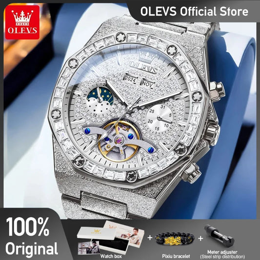 OLEVS 9805 Mens Watch Original Brand Tourbillon Automatic Mechanical Watch Diamond Dial Waterproof Moon Phase Watches For Men